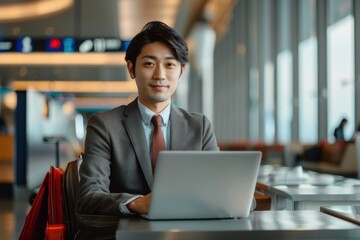Wall Mural - Portrait of a Japanese business traveler working on a laptop in the airport lounge, high quality photo, photorealistic, focused expression, studio lighting