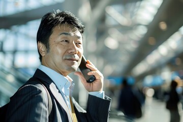 Wall Mural - Portrait of a Japanese business traveler making a phone call in the terminal, high detail, photorealistic, focused expression, bright environment