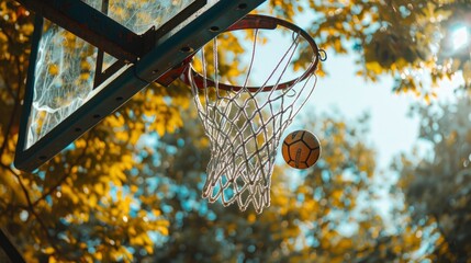 Wall Mural - Basketball Basket With A Ball Going Through The Net, High Quality Background