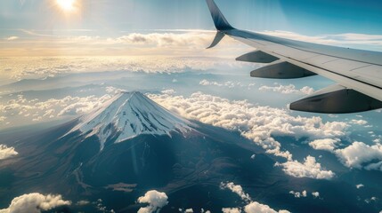 Poster - Fuji mountain view looking from airplane window, Snow covered in Autumn and Spring Season