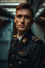 Wall Mural - Portrait of an American pilot preparing for a flight in the airport terminal, high quality photo, photorealistic, confident expression, studio lighting