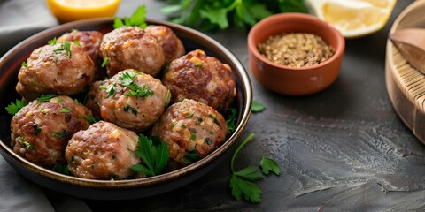 Wall Mural - Lebanese Kibbeh Middle Eastern Meatballs with herbs spices and coriander. Concept Middle Eastern Cuisine, Lebanese Kibbeh, Meatball Recipes, Traditional Dishes, Culinary Delights