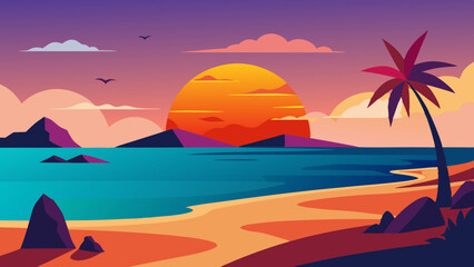 Canvas Print - Sunset on Beach landscape vector illustration 