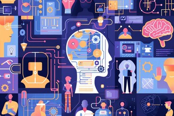 Wall Mural - AI engineering, showcasing diverse aspects such as algorithm development, data analysis, machine learning models, and artificial intelligence applications across various industries