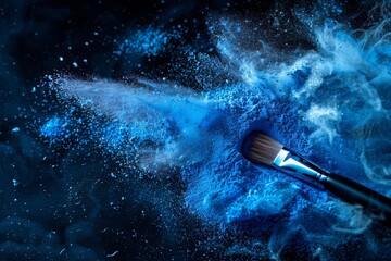 Wall Mural - Makeup brush in blue powder on dark background, makeup background, cosmetic background, perfect for makeup articles and makeup product ads