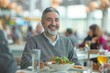 © siripimon2525 - Portrait of an American traveler enjoying a meal in the airport restaurant, high detail, photorealistic, cheerful mood, well-lit setting