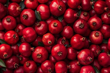 Fresh Red Pomegranates In Natural Light with Leafy Green Background for Holiday Season, Perfect for Juicing, Healthy Eating, and Festive Decorations