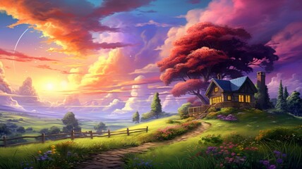 Idyllic countryside landscape with a cozy house, vibrant sunset and blooming flowers. Concept of peaceful, tranquil, and dreamlike scenery