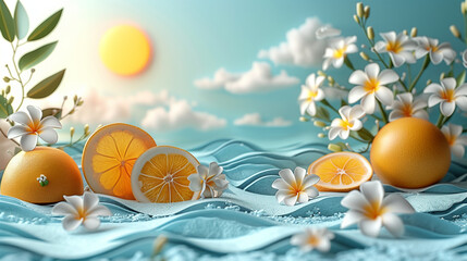 oranges and lemons on water in tropical island, summer concept