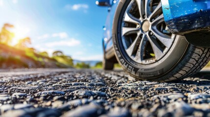 Sunlit road trip close-up of car tire on asphalt