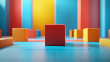 Wall Mural - A red cube is standing in front of a blue wall