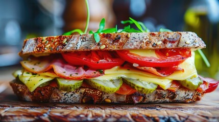 Sticker - Vibrant sandwich featuring margarine pickles cheese and ripe tomato