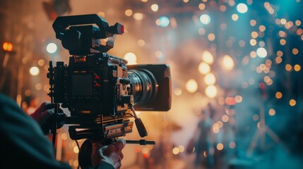 Professional camera on a film set with bokeh lights