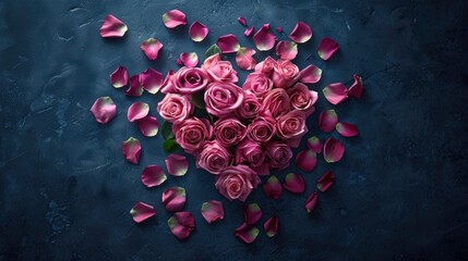 Poster - Heart shape made of pink roses and petals on dark background.