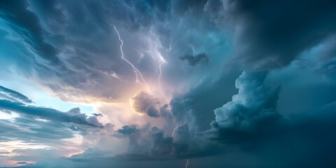 Wall Mural - Vivid scene of stormy sky with lightning thunder and heavy rain. Concept Storm Photography, Lightning Strikes, Heavy Rain, Dramatic Sky, Nature's Fury