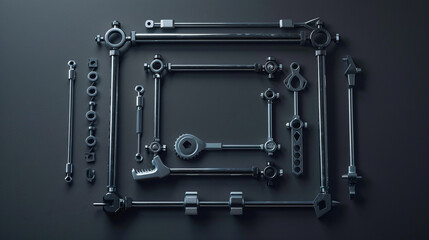 Wall Mural - Minimalistic mechanical tools arranged in a perfect square on a dark grey backdrop.