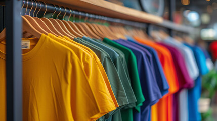 a group of colorful shirts on a rack