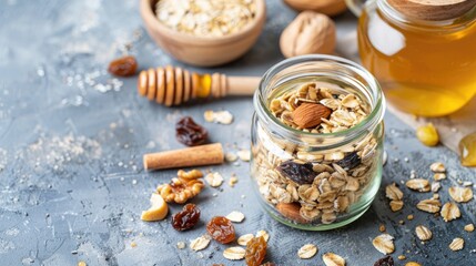 Sticker - Ingredients for healthy oatmeal granola in glass jar featuring oat flakes honey raisins and nuts concept for nutritious breakfast with room for text