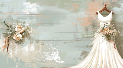 Wall Mural -  Illustration of a Wedding dress and bridal bouquet banner on rustic background with copy space.