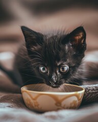 Wall Mural - a black kitten is eating out of a bowl