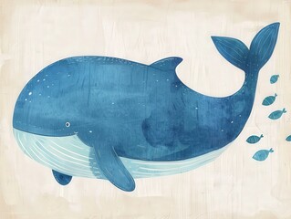 Wall Mural - a blue whale with a group of fish swimming around it