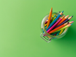 Wall Mural - Overhead shot of a colorful minimalist jar with colored pencils, placed in the top left corner of a green background, leaving ample copy space on the bottom right.