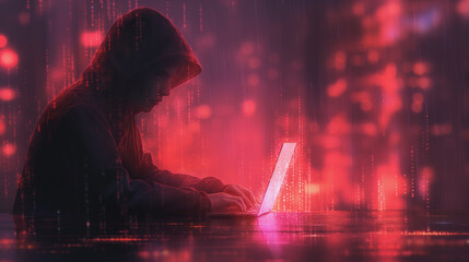 Wall Mural - A man is sitting at a table with a laptop in front of him. The image has a dark and moody atmosphere, with the man wearing a hoodie and the laptop screen glowing in the background