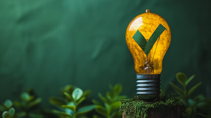 Wall Mural - A light bulb with a green check mark on it is sitting on a mossy log. Concept of environmental consciousness and the importance of sustainable energy