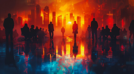 Wall Mural - A silhouette of a city with people walking around and a reflection of the city in the water. The mood of the painting is one of chaos and confusion, with the people