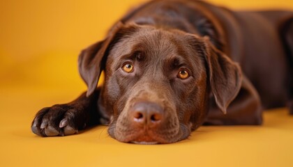 Sticker - a dog laying on a yellow surface with its head on the floor