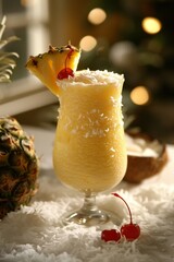 Wall Mural - Coconut Pineapple Smoothie: A frothy pineapple coconut smoothie served in a tall glass, garnished with a pineapple slice and a cherry.