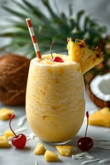 Wall Mural - Coconut Pineapple Smoothie: A frothy pineapple coconut smoothie served in a tall glass, garnished with a pineapple slice and a cherry.