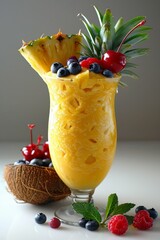 Wall Mural - Coconut Pineapple Smoothie: A frothy pineapple coconut smoothie served in a tall glass, garnished with a pineapple slice and a cherry.