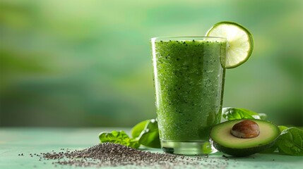 Poster - Green Detox Smoothie: A tall glass of green smoothie with spinach, kale, and avocado, garnished with a slice of lime and chia seeds.