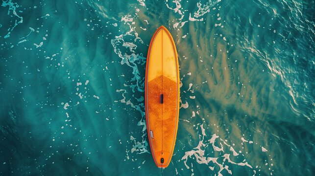 Aerial top view of surf board on the sea beach, AI generate