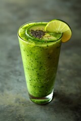 Poster - Green Detox Smoothie: A tall glass of green smoothie with spinach, kale, and avocado, garnished with a slice of lime and chia seeds.