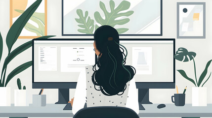 Wall Mural - A focused professional woman working on a dual-monitor setup in a well-lit office space, surrounded by personal touches and green plants.