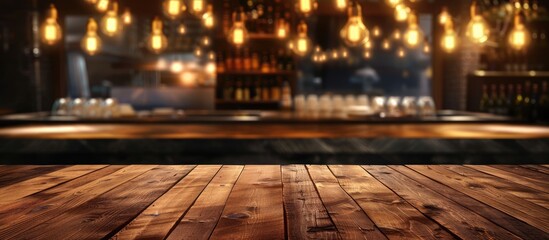 Sticker - Brown Wooden Table with Restaurant Lights in the Background for Montage or Product Display