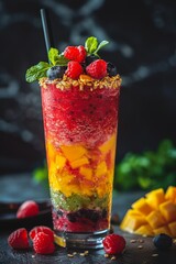 Wall Mural - Layered Smoothie: A healthy fresh layered smoothie in a glass, with layers of berry, mango, topped with granola and fresh fruit. Vitamins, fitness drink, health food.
