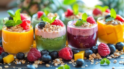 Poster - Layered Smoothie: A healthy fresh layered smoothie in a glass, with layers of berry, mango, topped with granola and fresh fruit. Vitamins, fitness drink, health food.