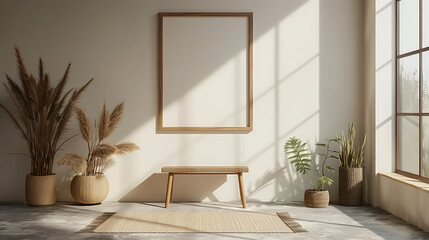 Empty wooden picture frame mockup on white wall background.