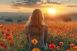 © DKPhoto - A woman with long hair sitting in a vibrant flower field, enjoying the view of a beautiful sunset, creating a serene and peaceful atmosphere in the countryside.