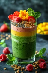 Wall Mural - Layered Smoothie: A healthy fresh layered smoothie in a glass, with layers of berry, mango, topped with granola and fresh fruit. Vitamins, fitness drink, health food.