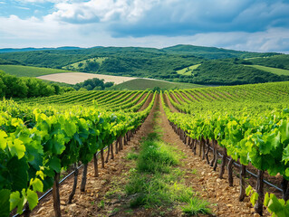 Rows of grapevines stretch into the distance in a lush vineyard, with rolling hills and a partly cloudy sky in the background The vibrant green foliage contrasts with the earthy soil