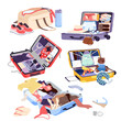 © Natalia - Luggage collection with folded clothes and equipment in neat order and scattered in messy pile, family and childish vacation bags cartoon vector illustration. Open travel suitcases and sport bag