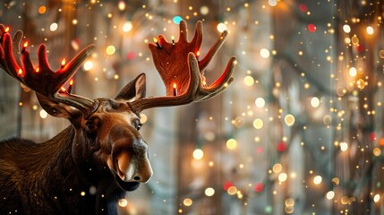 Wall Mural - Moose head with christmas lights and copy space.