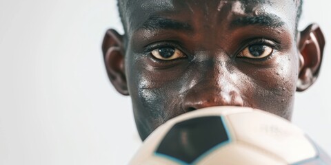 Wall Mural - close-up Young African football player isolated on white background, posing with ball. Sport, power, teamwork, mobility, energy, dynamism, and health are all concepts.