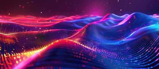Wall Mural - Colorful light wave motion with dark background and neon lights glowing at night.