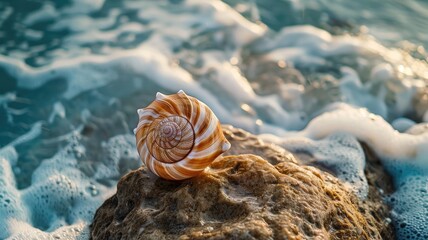 Wall Mural - Spiraled seashell on rock by ocean waves