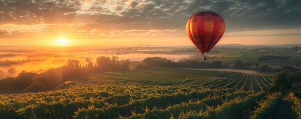 A hot air balloon floating over a vineyard, the sun rising in the distance.